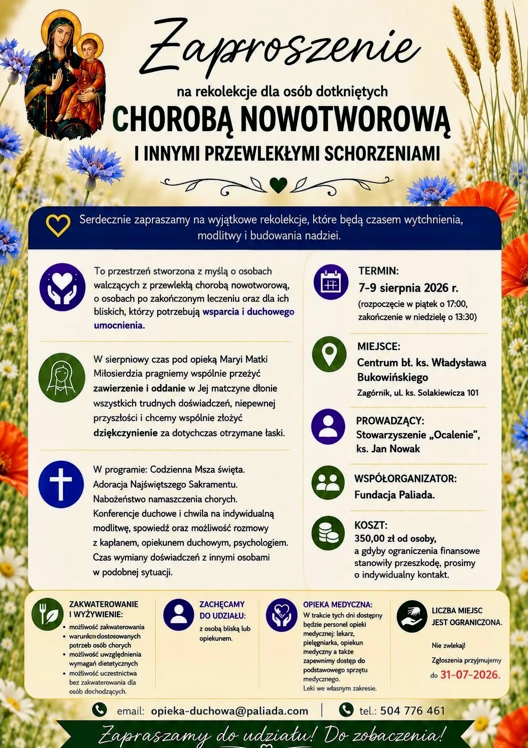 Zaproszenie na rekolekcje dla osób dotkniętych chorobą nowotworową, 7–9 sierpnia 2026 w Centrum bł. ks. Władysława Bukowińskiego w Zagórniku